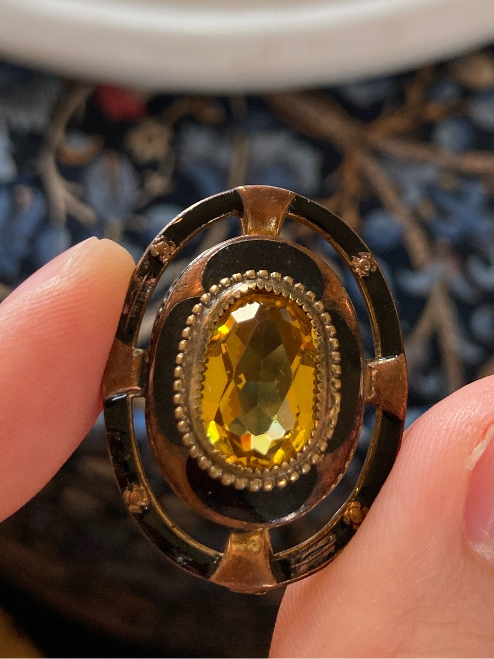 Antique Victorian Mourning Citrine Paste Black Enamel Pendant/Charm Brooch Piece